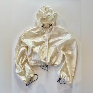Iridescent Cropped Rainbow Shimmer Cream Bomber Festival Jacket Windbreaker Hood
